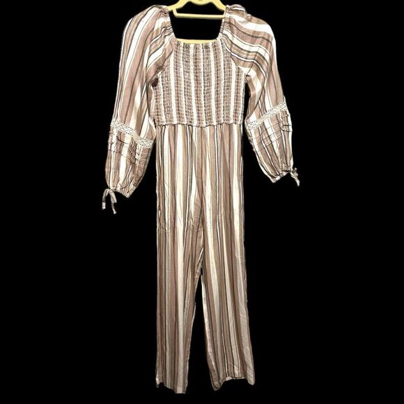 NEW Jessica Simpson Smocked Jumpsuit Big Girls Size L (12) Puff Sleeves Boho Tan - Picture 1 of 9